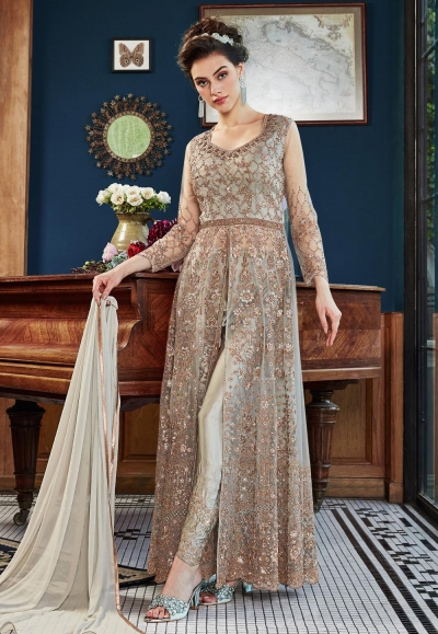 Gray satin embroidered center slit anarkali suit  4534A